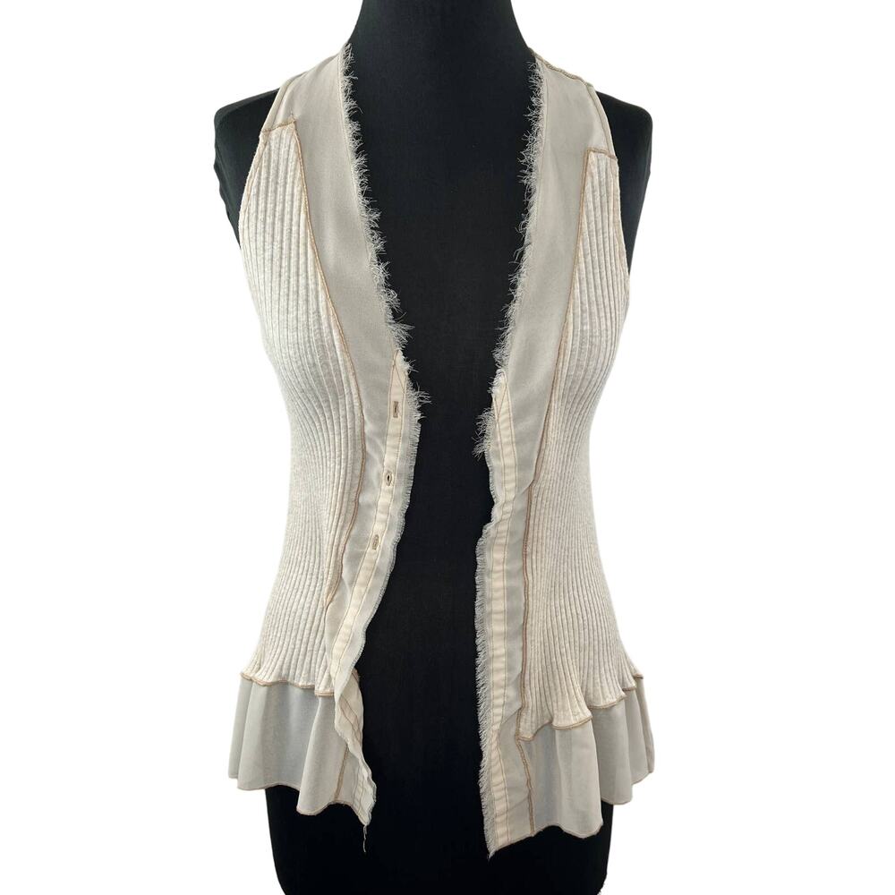 TINY Cream Fringe Semi-Sheer Trim Ribbed Knit Cotton Blend Sleeveless Vest XS?